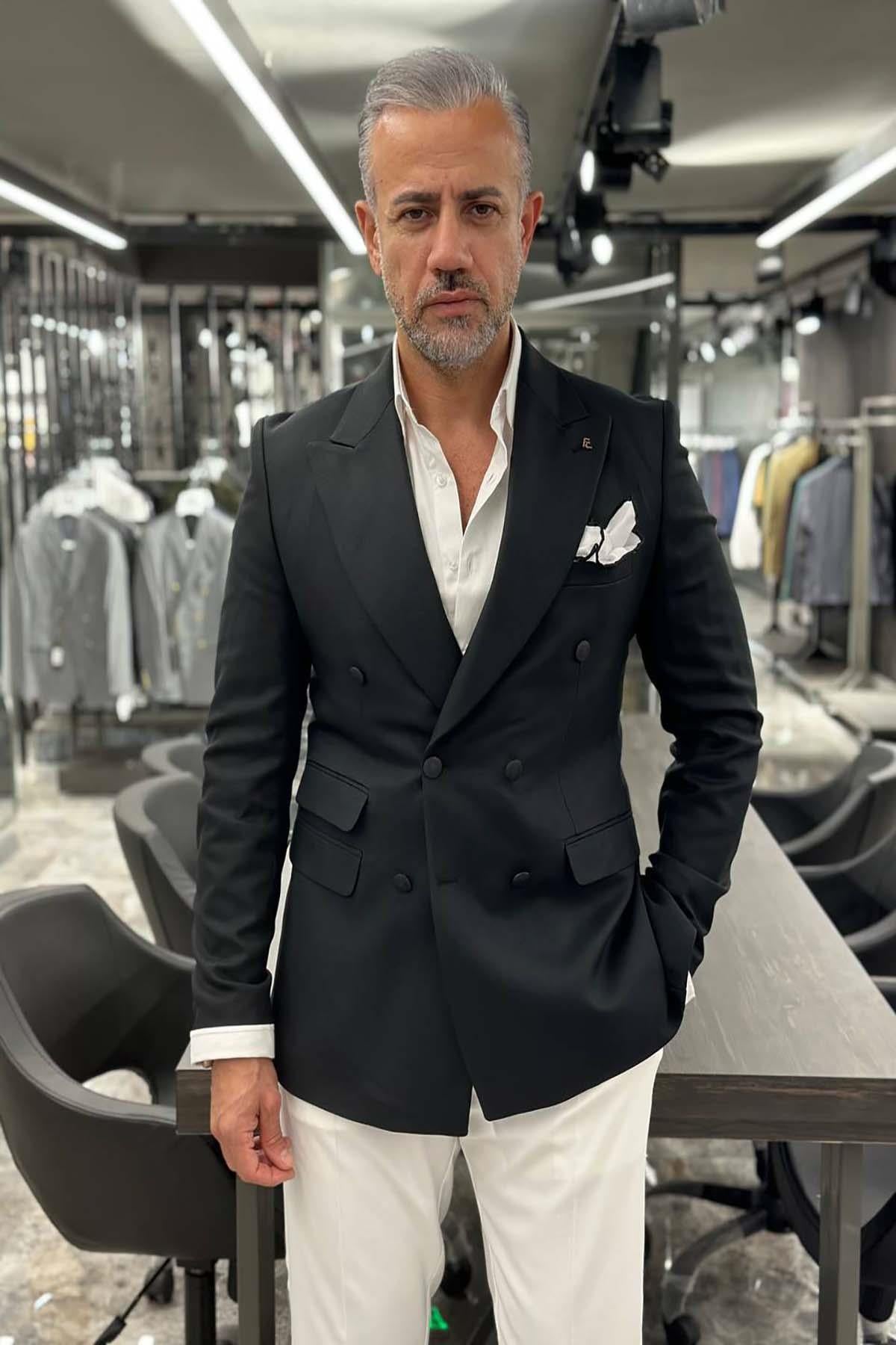  POCKET DETAILED DOUBLE BREASTED WIDE COLLAR BLACK JACKET