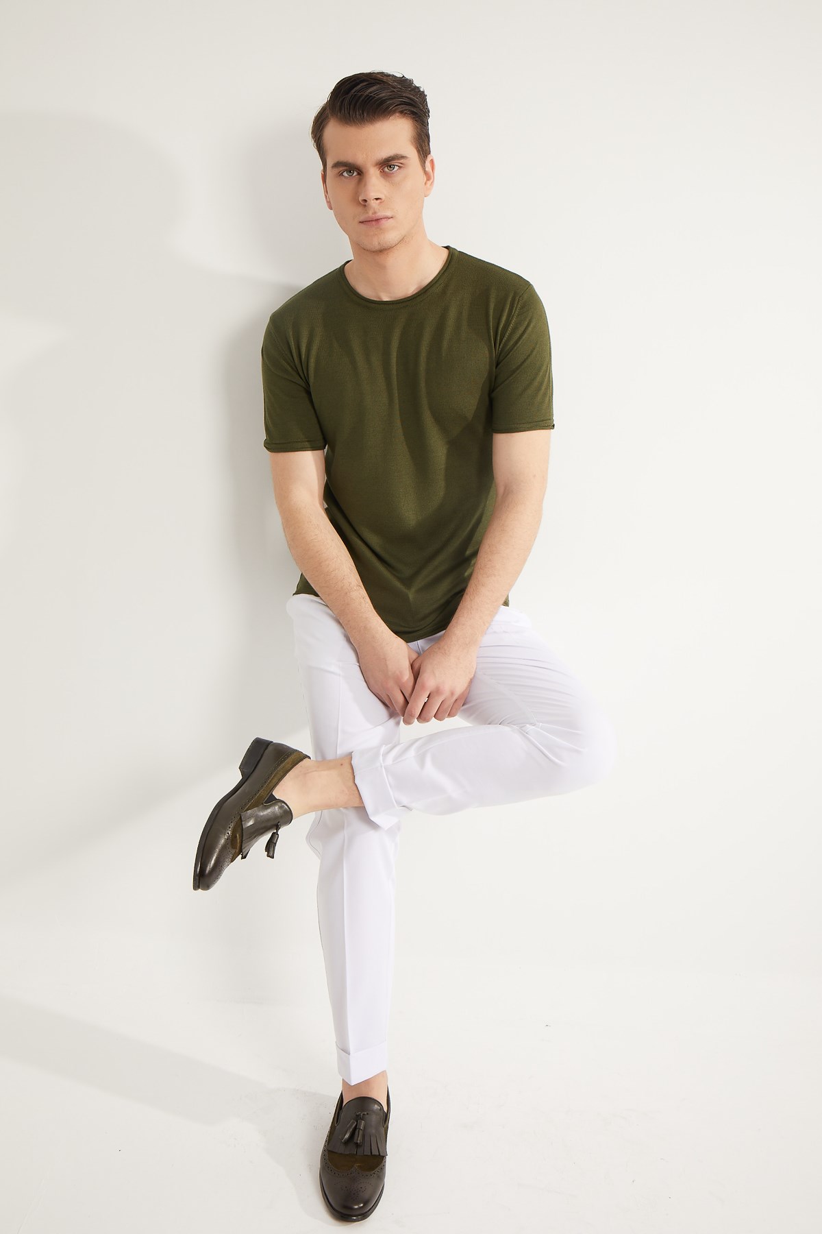 HAKİ SOSİS YAKA KISA KOL PAMUK KARIŞIM ERKEK TRİKO - SLIM FIT