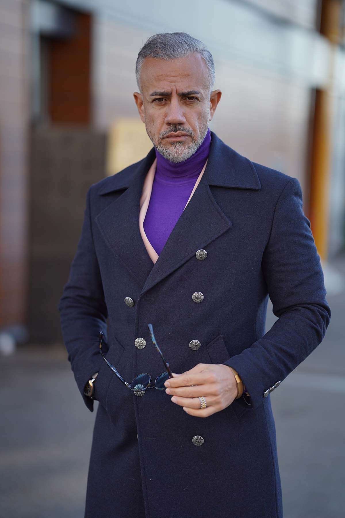 NAVY BLUE PADDLE COLLAR DOUBLE BREASTED COAT