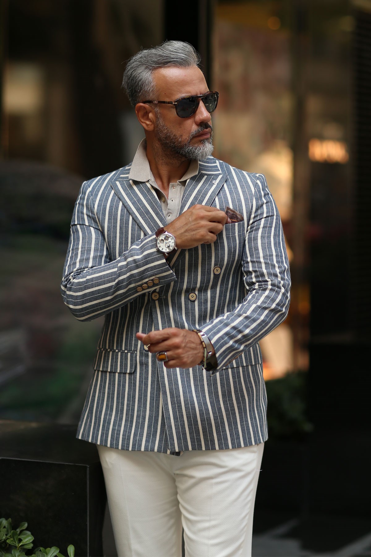 NAVY BLUE STRIPED DOUBLE BREASTED JACKET - SLIM FIT
