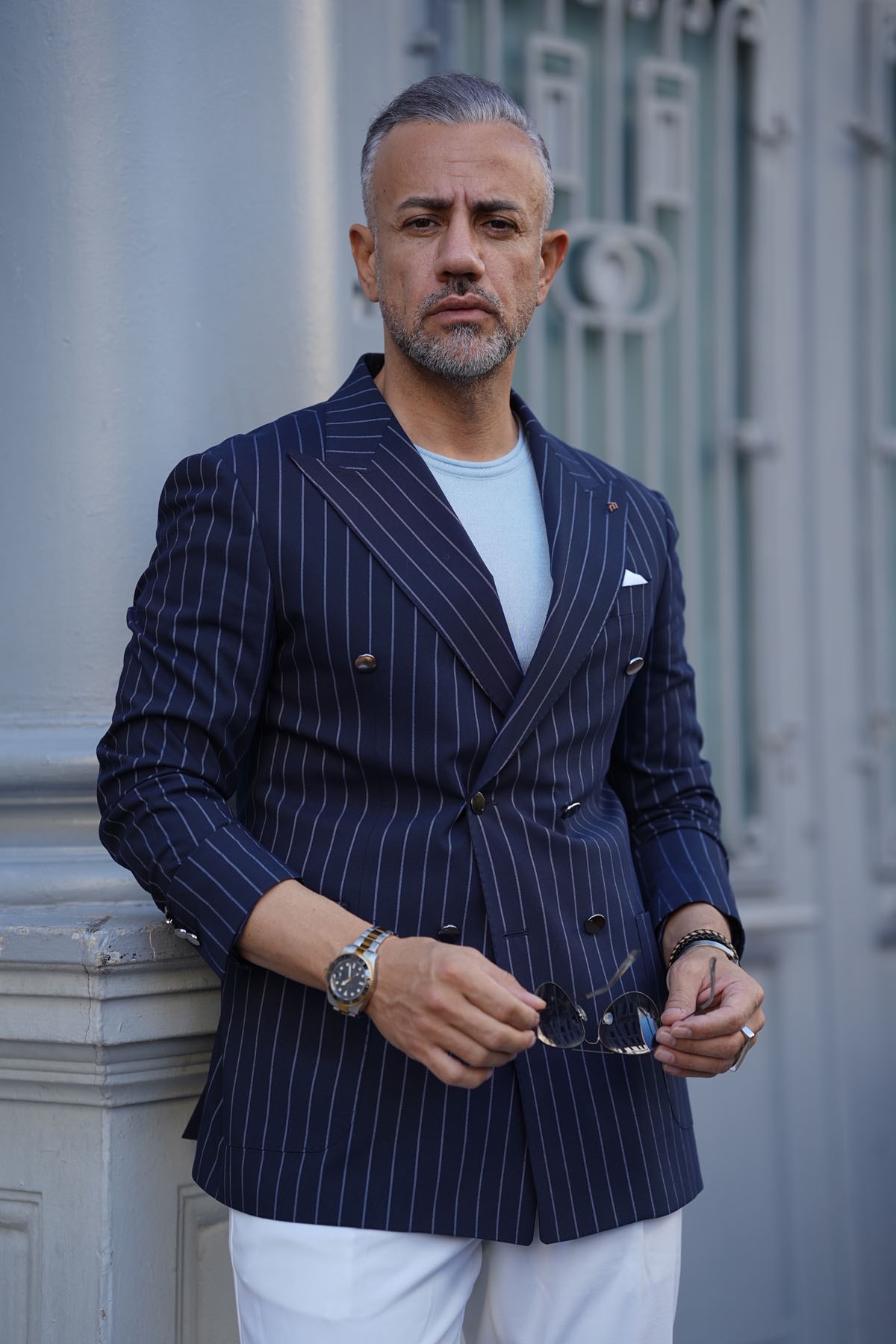 DOUBLE BREASTED SINGLE JACKET WITH NAVY BLUE STRIPES - SLIM FIT