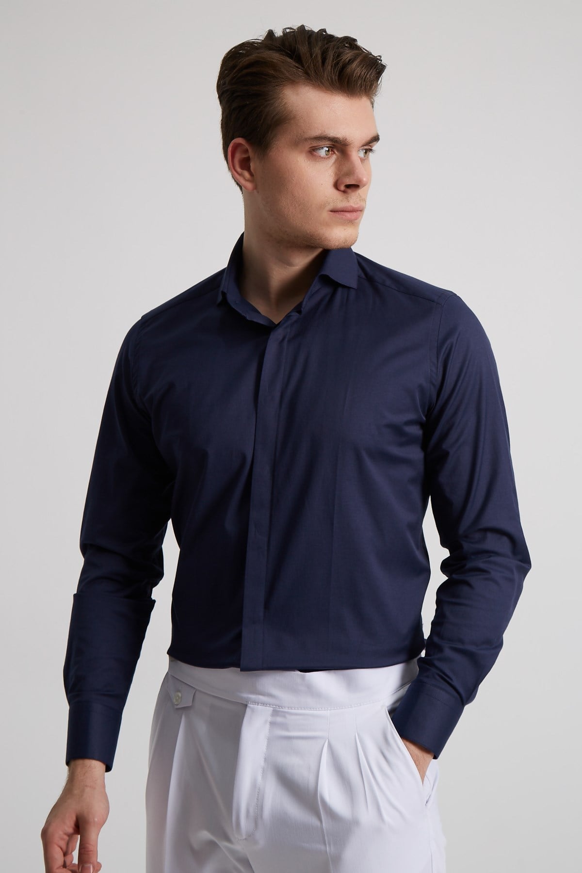 LACiVERT KAVİSLİ TAM İTALYAKA PAMUK ERKEK GÖMLEK - SLIM FIT