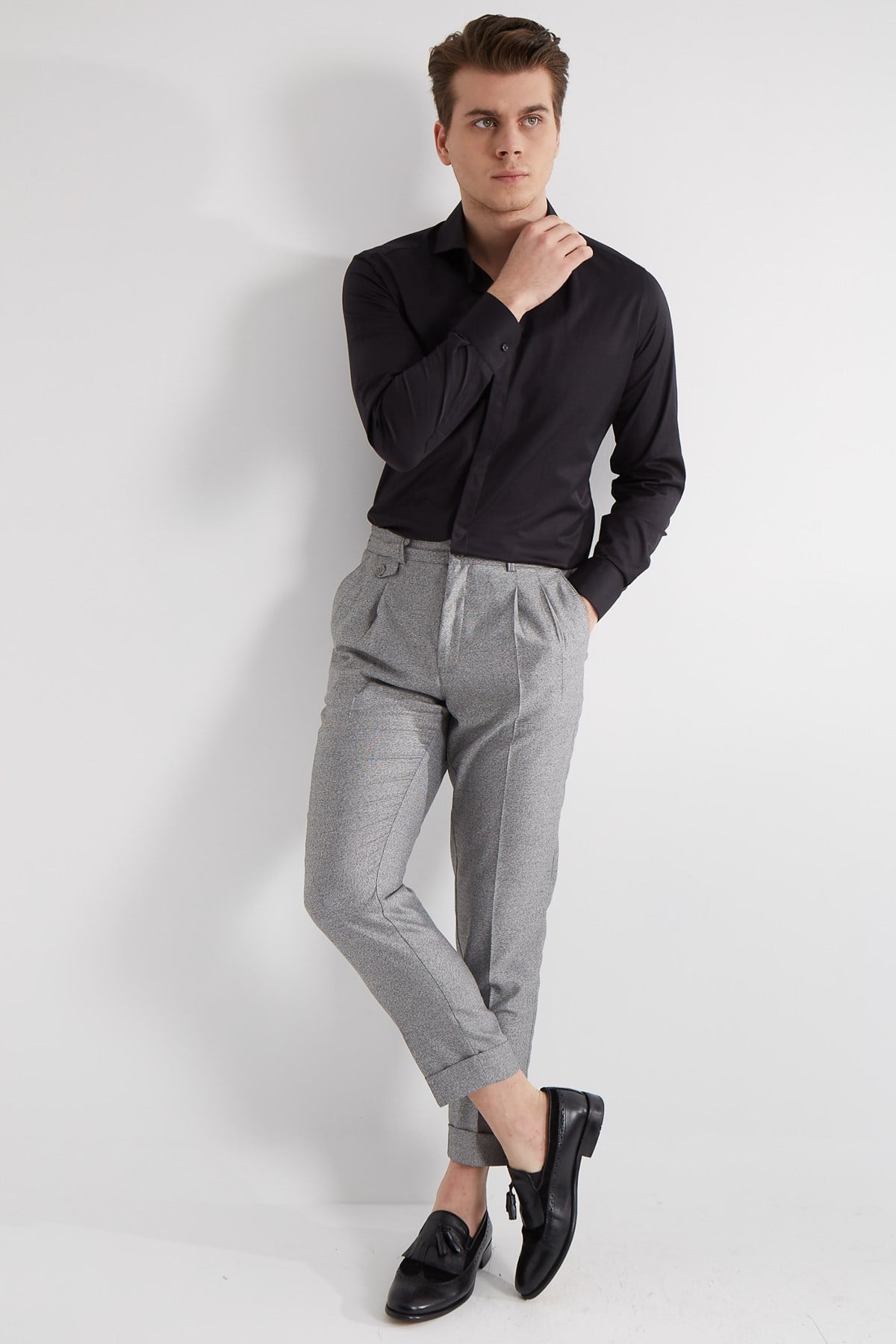 SiYAH KAVİSLİ TAM İTALYAKA PAMUK ERKEK GÖMLEK - SLIM FIT