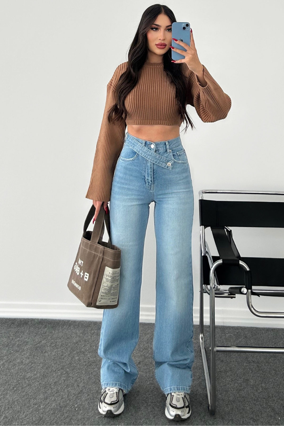 BUZ MAVİ KEMERLİ WİDE LEG JEAN