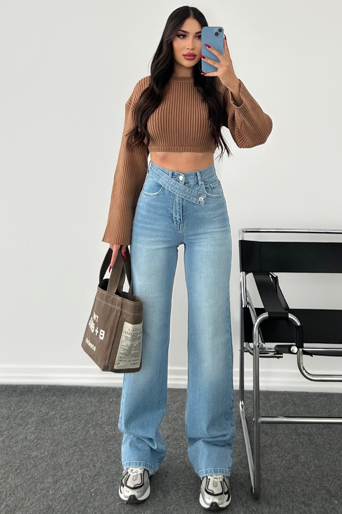 BUZ MAVİ KEMERLİ WİDE LEG JEAN