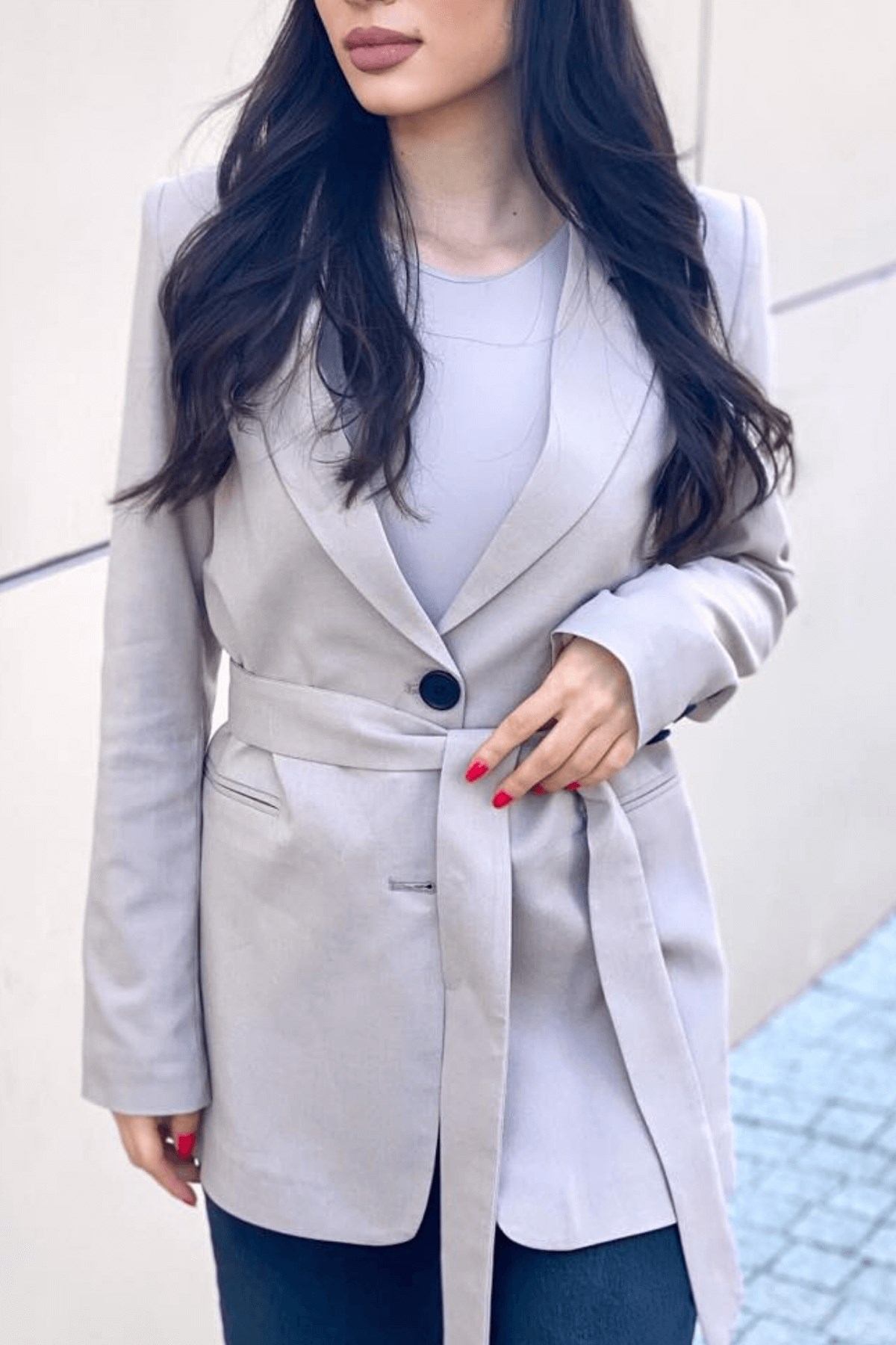 KUŞAKLI TAŞ RENK BLAZER CEKET