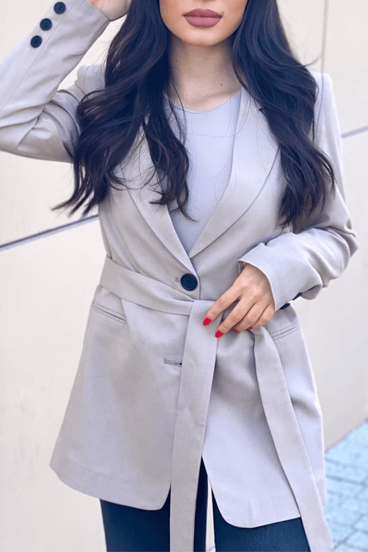 KUŞAKLI TAŞ RENK BLAZER CEKET