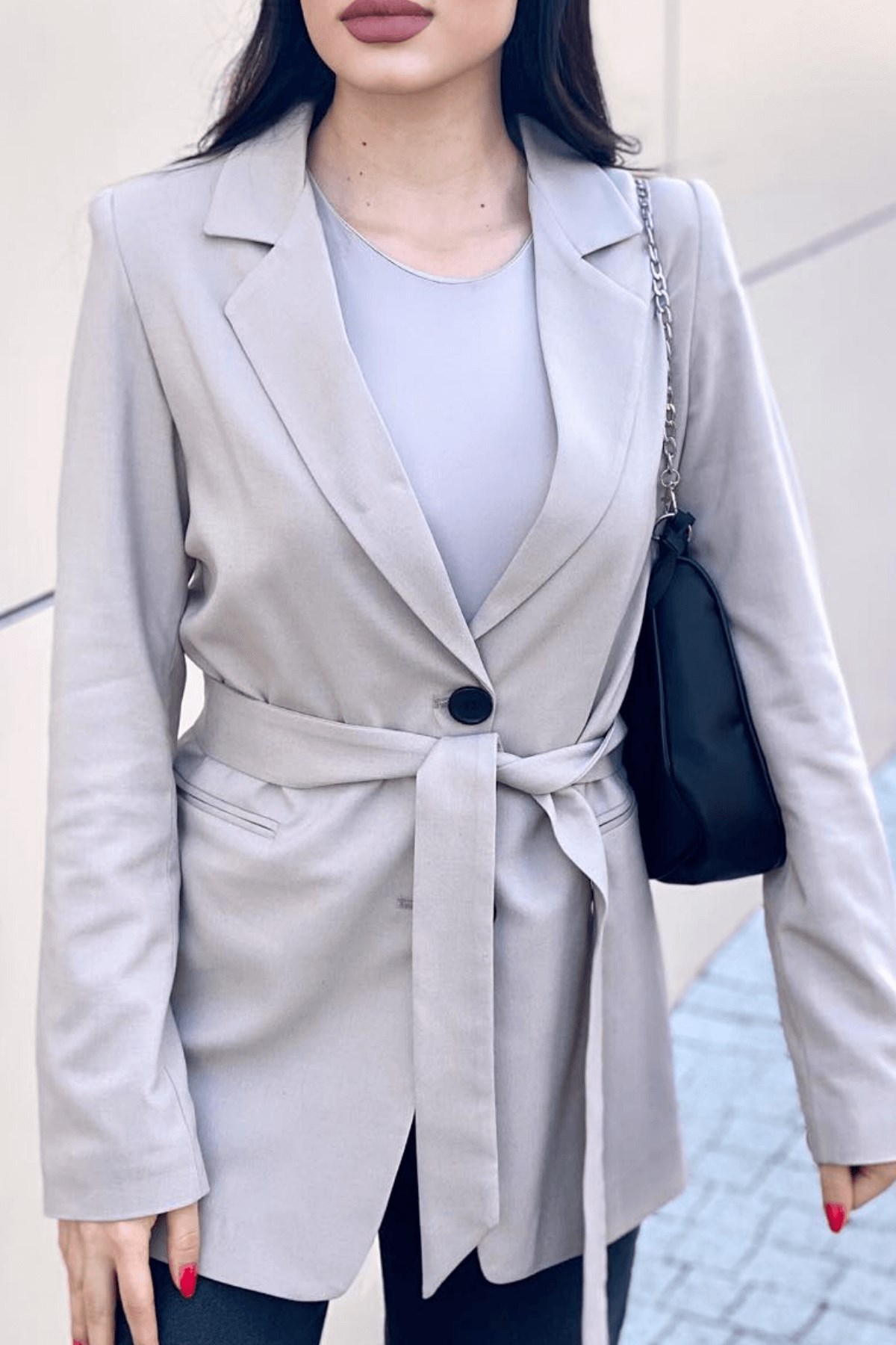 KUŞAKLI TAŞ RENK BLAZER CEKET