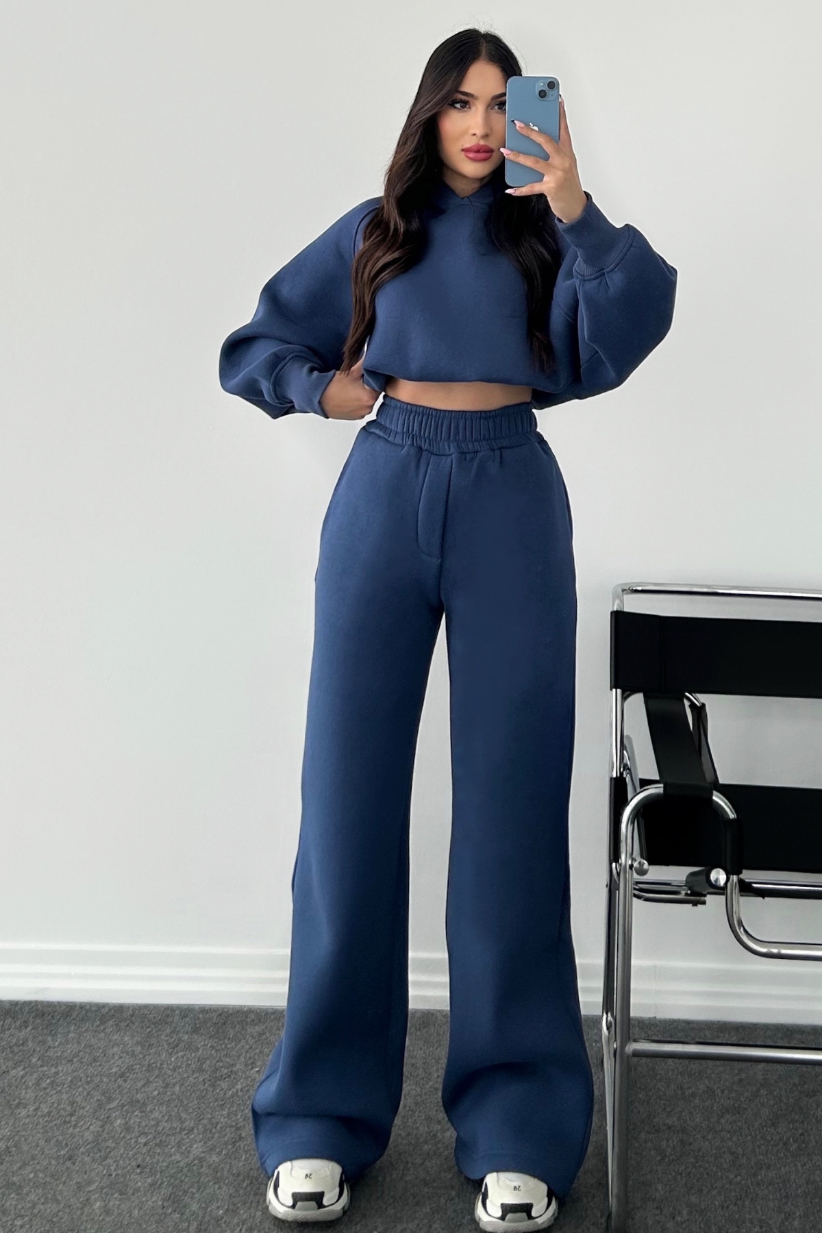 MAVİ ŞARDONLU KAPÜŞONLU BOL PAÇA EŞOFMAN TAKIMI