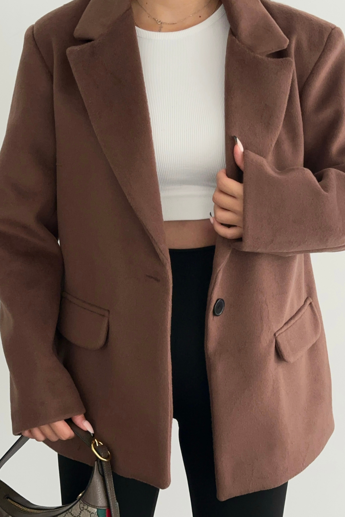 PREMİUM ACI KAHVE RENK YÜN DETAYLI BLAZER CEKET