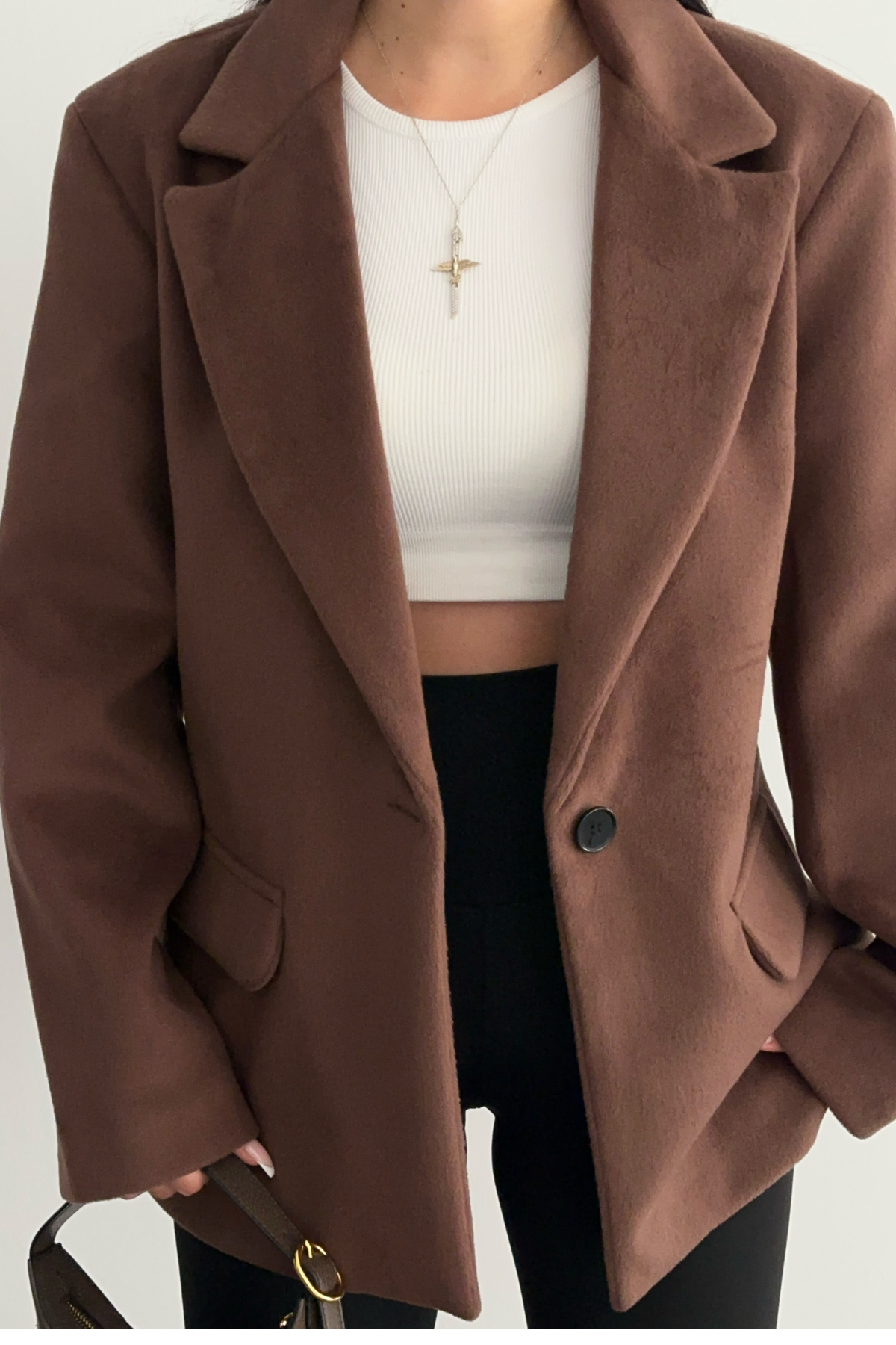 PREMİUM ACI KAHVE RENK YÜN DETAYLI BLAZER CEKET