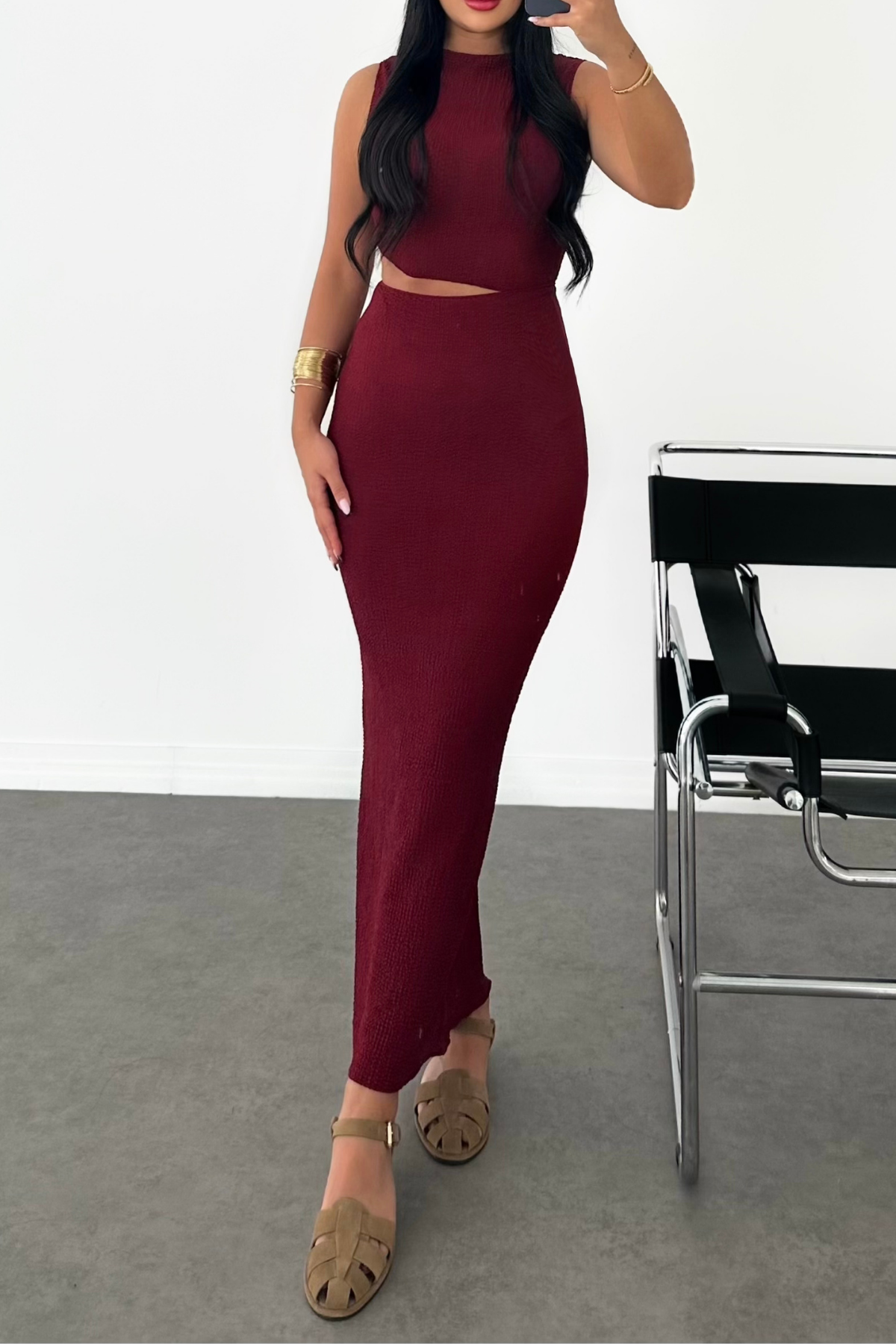 PREMİUM BEL DETAYLI BORDO ELBİSE