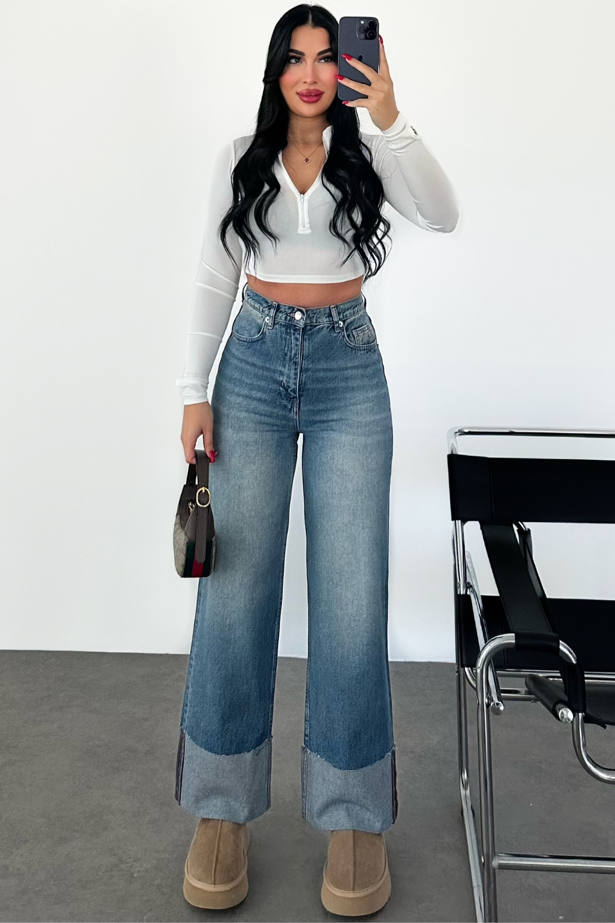 PREMİUM KATLAMALI MİD BLUE WİDE LEG JEAN