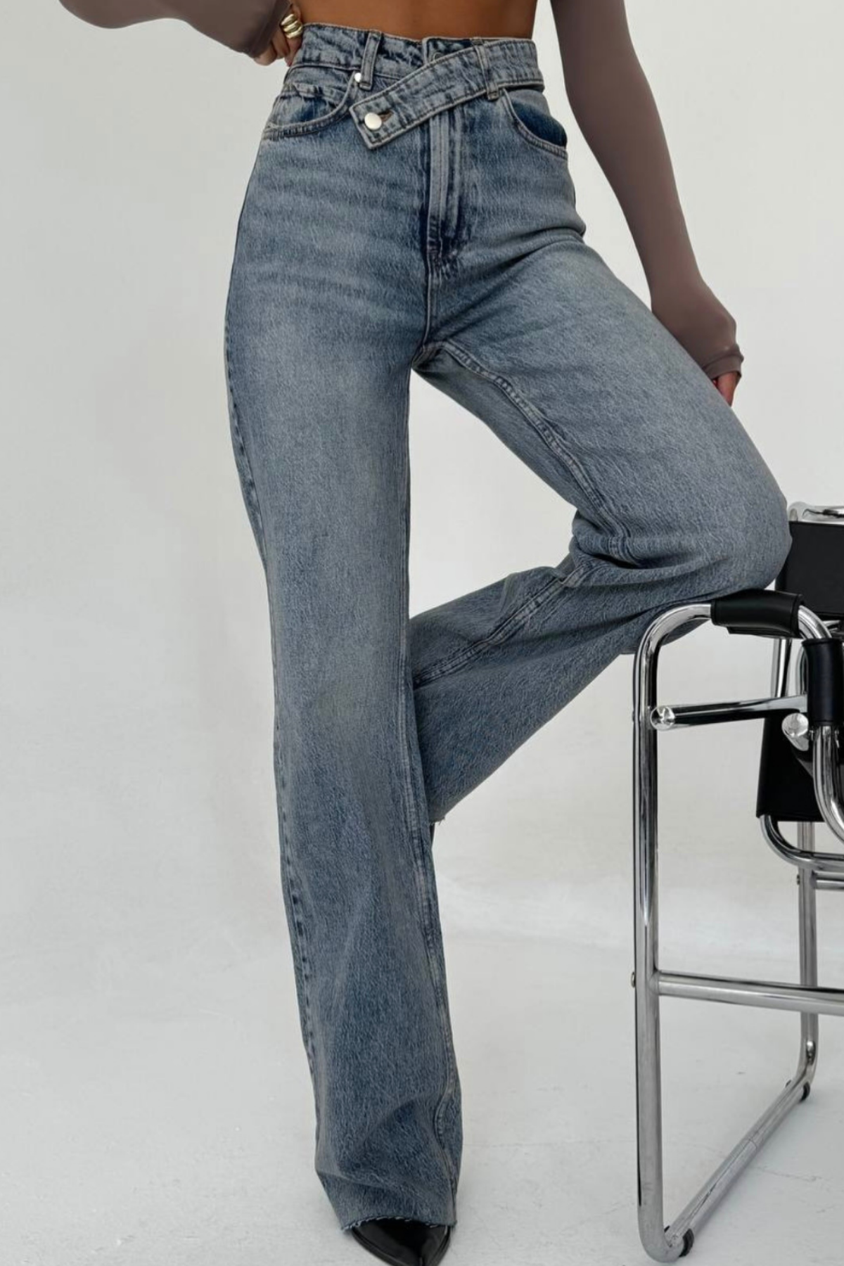 PREMİUM KEMER DETAYLI MİD BLUE WİDE LEG JEAN