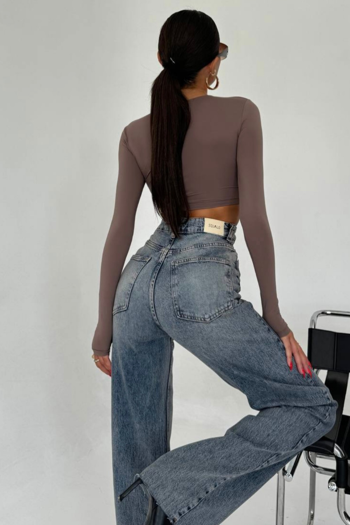 PREMİUM KEMER DETAYLI MİD BLUE WİDE LEG JEAN