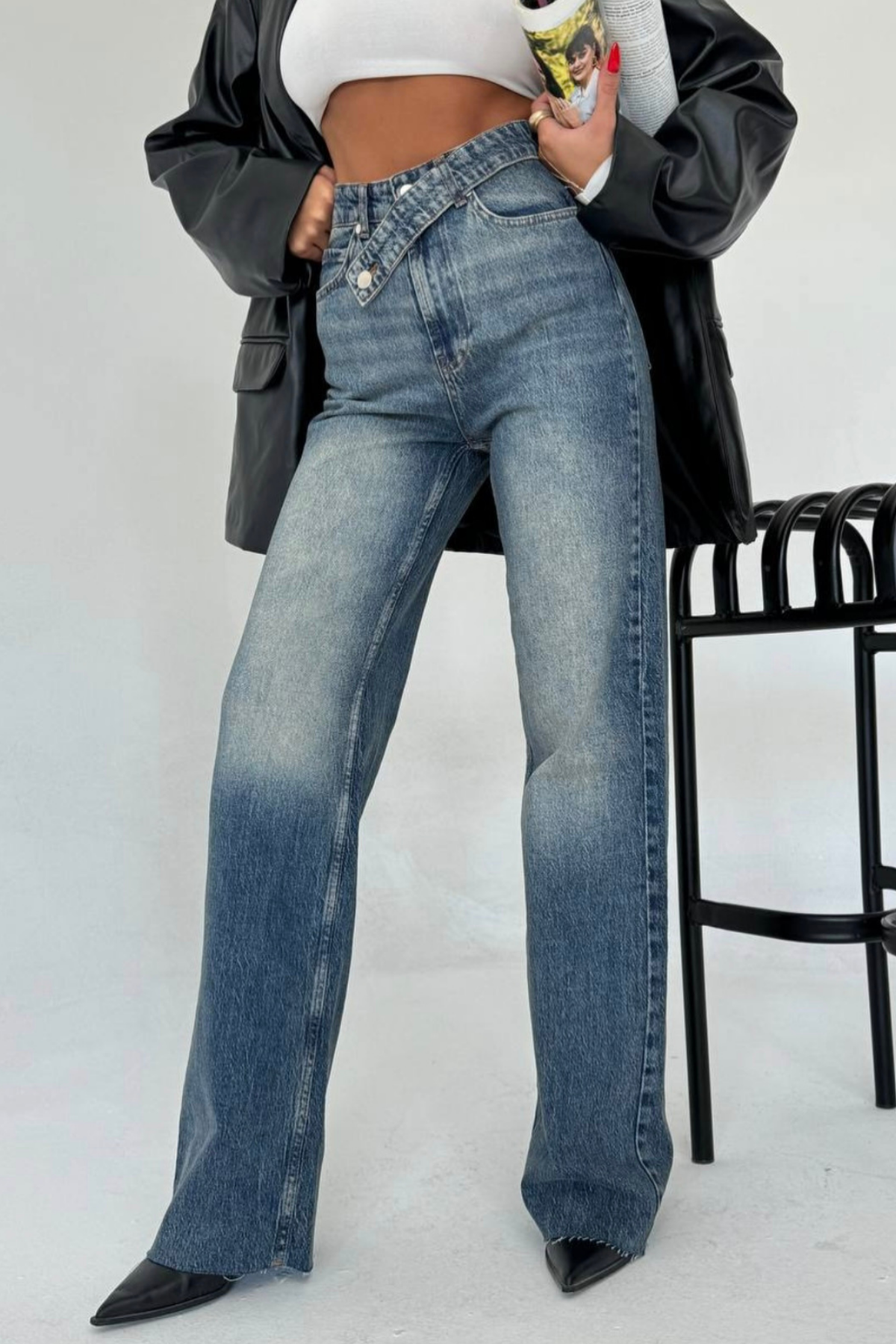 PREMİUM KOYU MAVİ RENK TİNTLİ KEMERLİ WİDE LEG JEAN