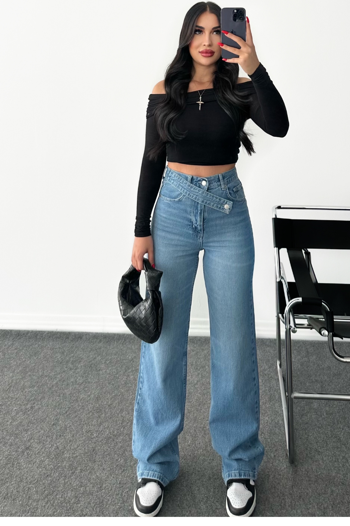 PREMİUM MİD BLUE KEMERLİ WİDE LEG HERRY JEAN
