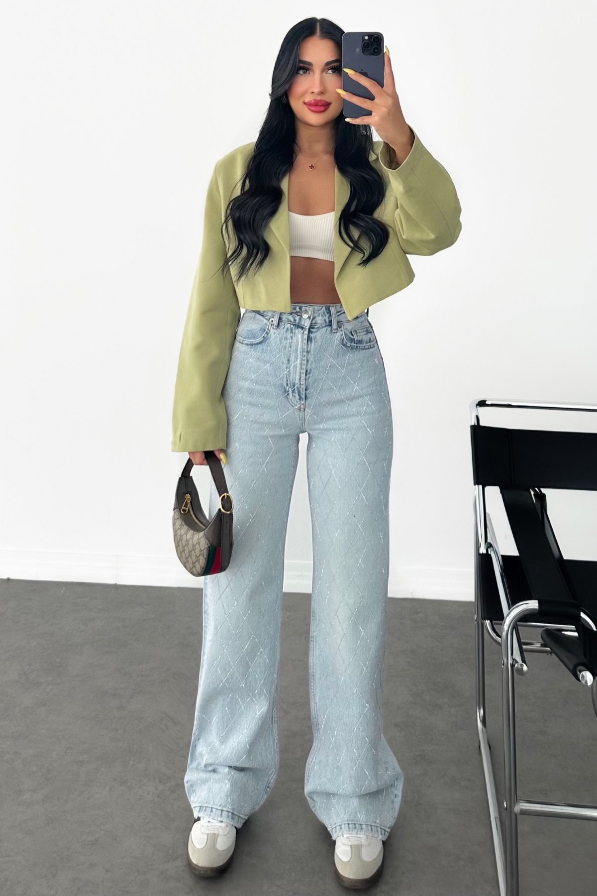 PREMİUM YEŞİL KETEN CROP CEKET