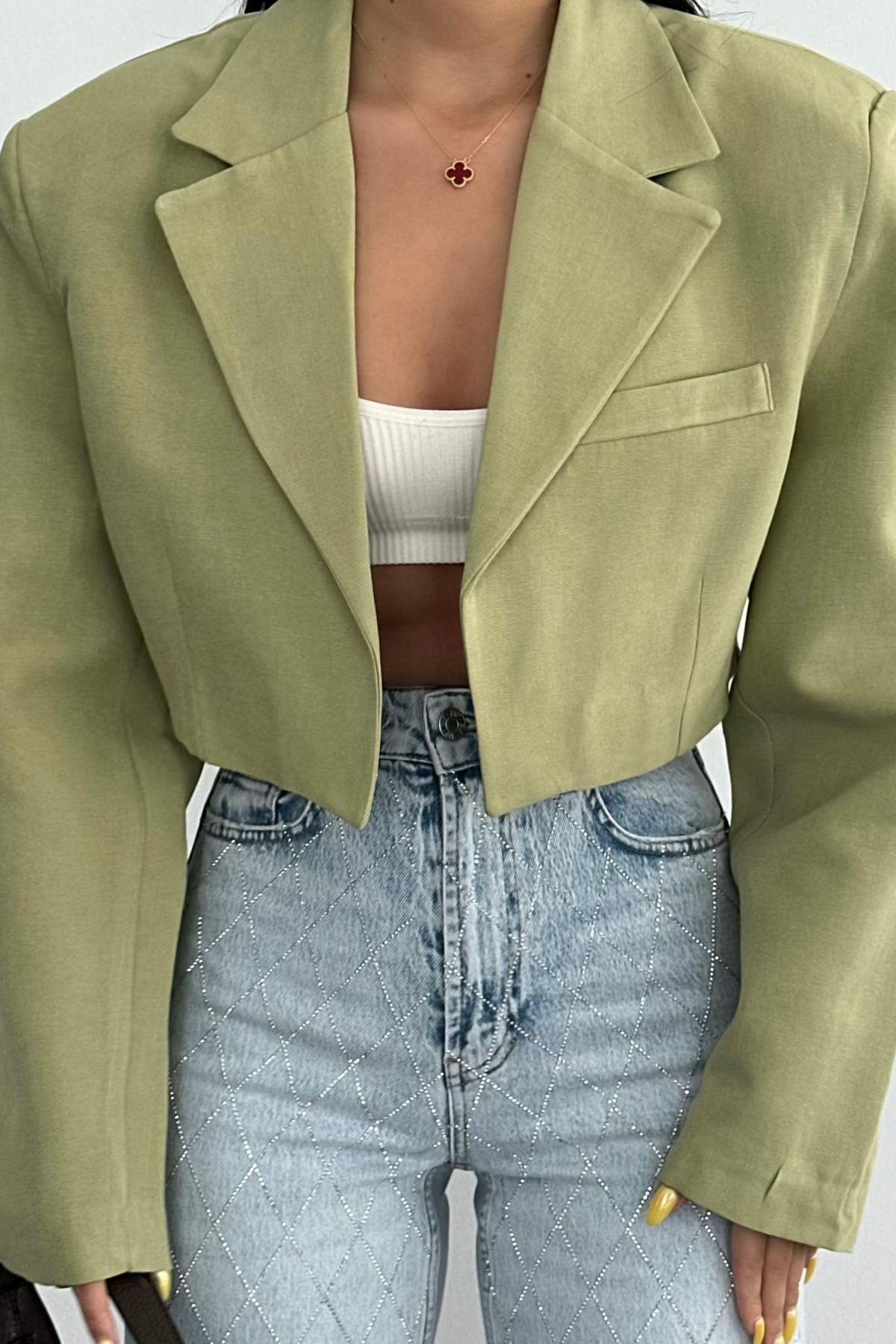 PREMİUM YEŞİL KETEN CROP CEKET