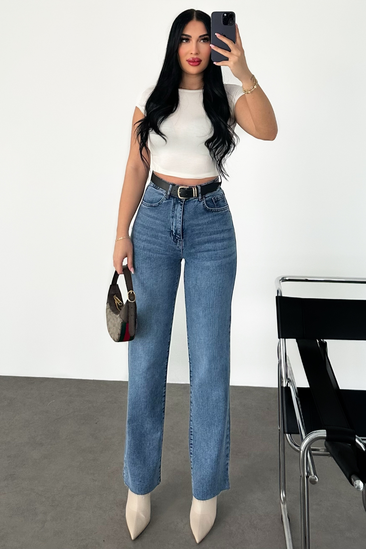 PREMİUM YÜKSEK BEL KEMERLİ İCE BLUE JEAN