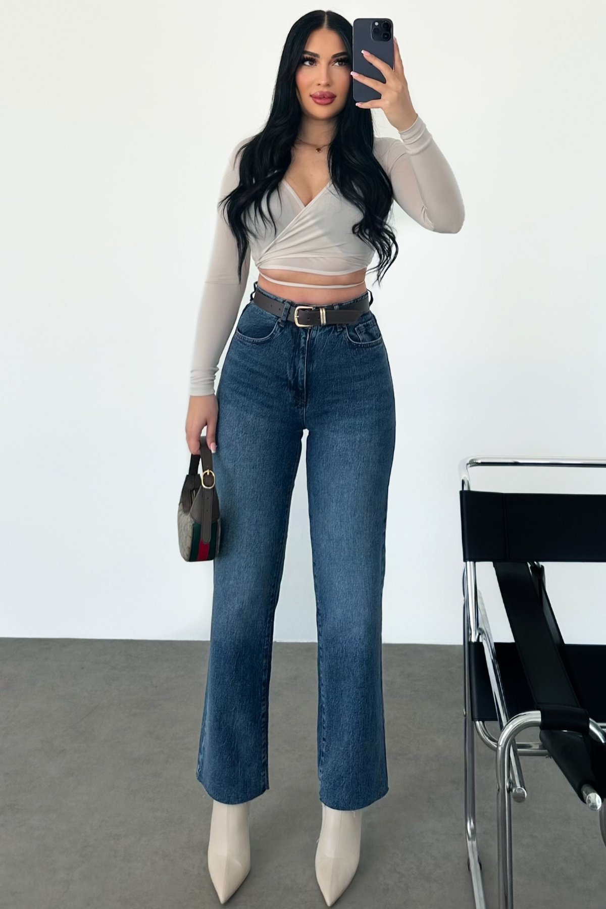 PREMİUM YÜKSEK BEL KEMERLİ MİD BLUE JEAN