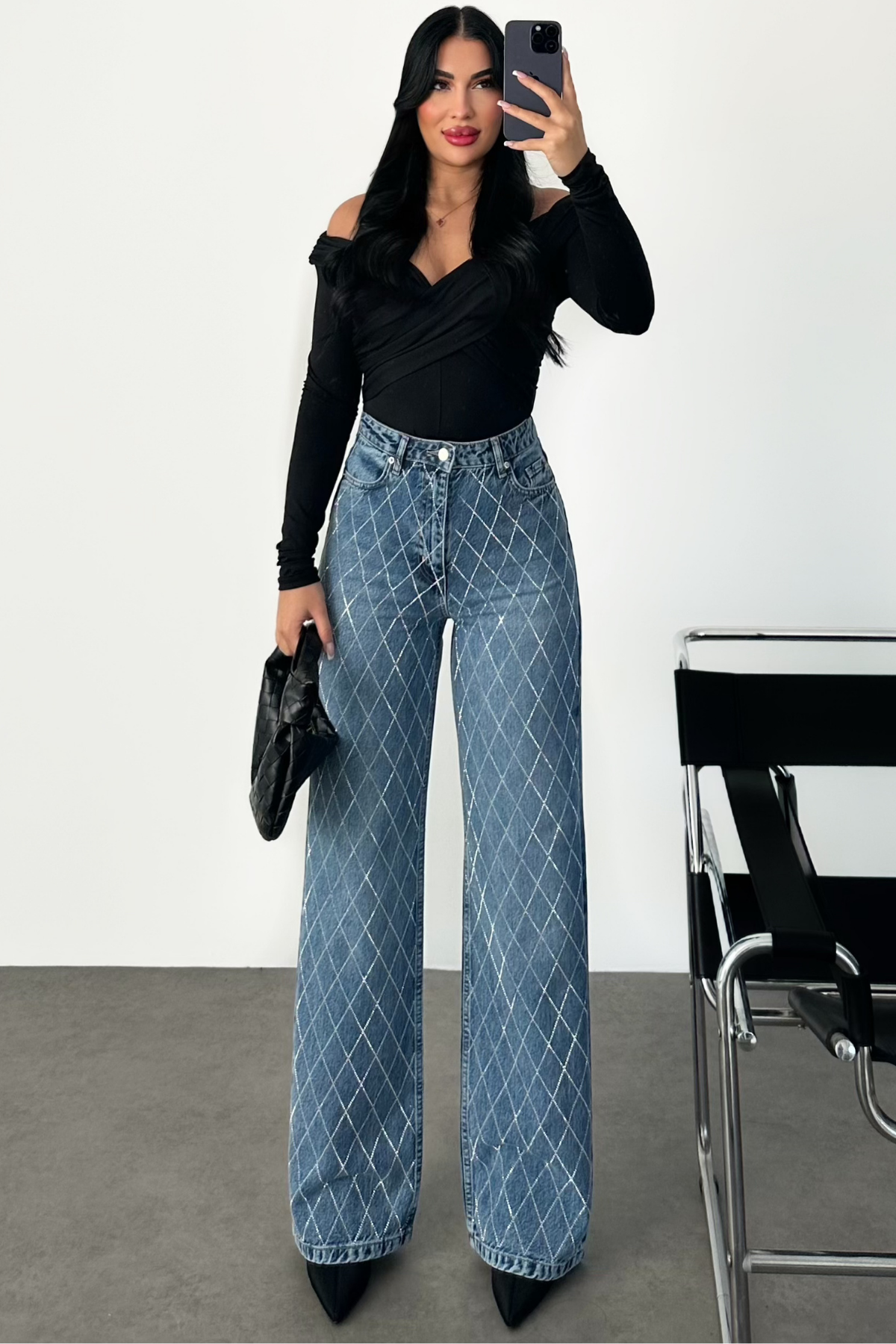PREMİUM YÜKSEK BEL MİD BLUE TAŞLI WİDE LEG JEAN