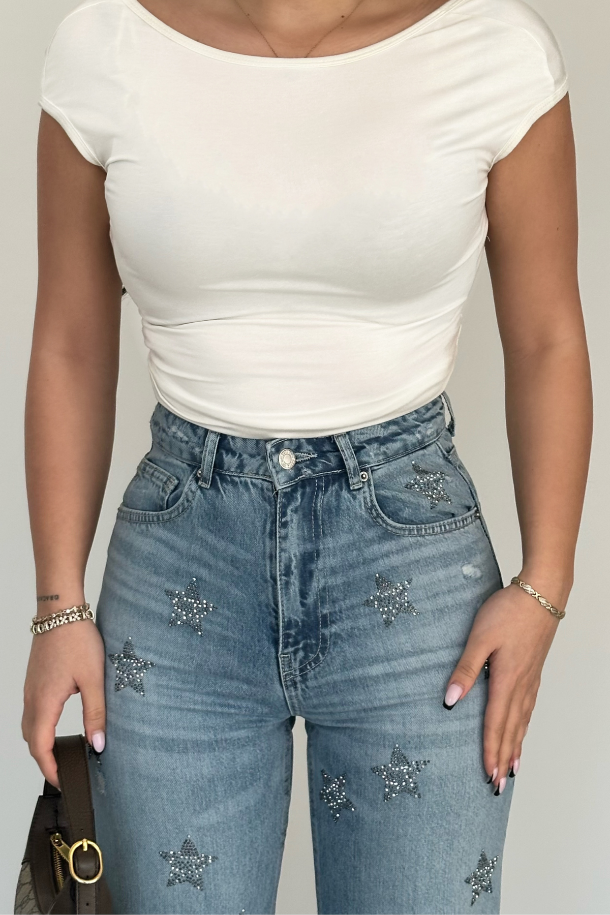 PREMİUM YÜKSEK BEL YILDIZ DESEN TAŞLI JEAN