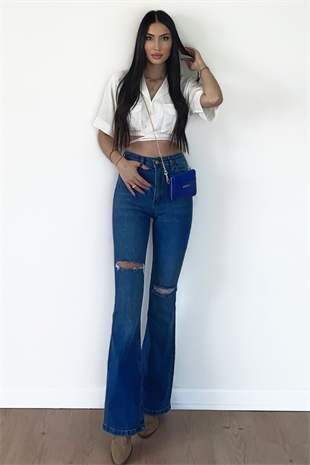 ASİMETRİK KOYU DİZİ YIRTIK JEAN