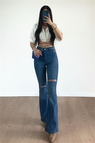 ASİMETRİK KOYU DİZİ YIRTIK JEAN