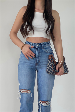 ASİMETRİK YIRTIK AÇIK MAVİ JEANS