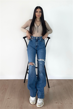 ASİMETRİK YIRTIK WİDE LEG JEAN