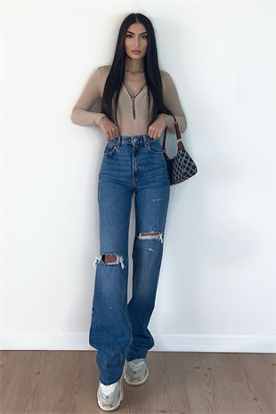 ASİMETRİK YIRTIK WİDE LEG JEAN