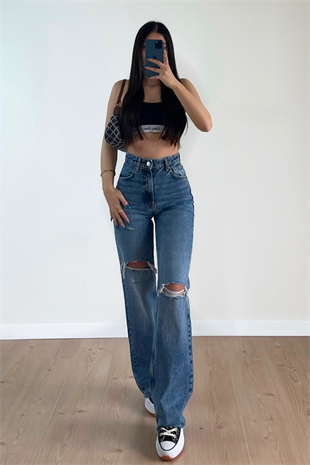 ASİMETRİK YIRTIK WİDE LEG JEAN