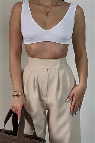 BELİ CIRT KAPAMALI BEJ PALAZZO PANTOLON