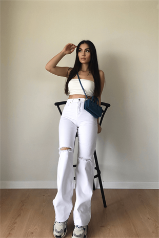 BEYAZ DİZİ YIRTIK JEAN