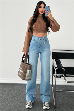 BUZ MAVİ KEMERLİ WİDE LEG JEAN