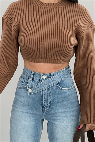 BUZ MAVİ KEMERLİ WİDE LEG JEAN