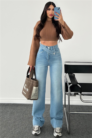 BUZ MAVİ KEMERLİ WİDE LEG JEAN