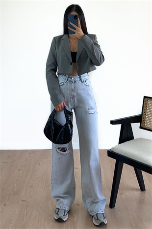 BUZ MAVİ RENK TEK DİZİ YIRTIK JEAN