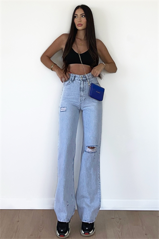 BUZ MAVİ RENK TEK DİZİ YIRTIK JEAN