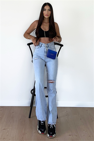 BUZ MAVİ RENK TEK DİZİ YIRTIK JEAN