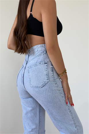 BUZ MAVİ RENK TEK DİZİ YIRTIK JEAN