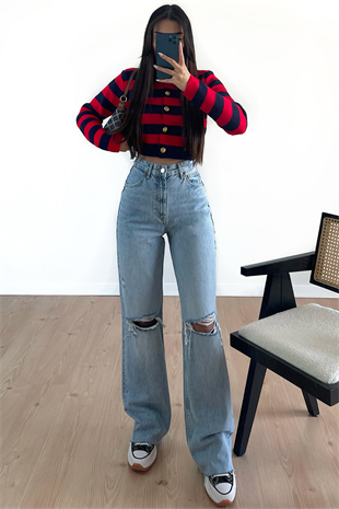 DİZİ YIRTIK BUZ MAVİ WİDE LEG JEAN