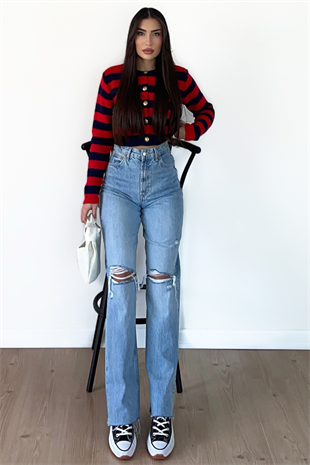 DİZİ YIRTIK BUZ MAVİ WİDE LEG JEAN