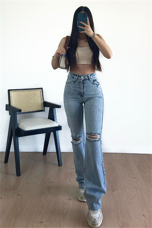 DİZİ YIRTIK ULTRA YÜKSEK BEL JEAN