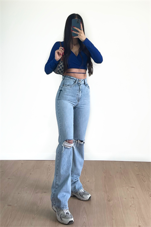 DİZİ YIRTIK WİDE LEG BUZ MAVİ JEANS