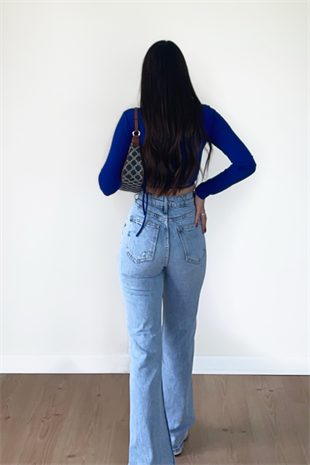 DİZİ YIRTIK WİDE LEG BUZ MAVİ JEANS