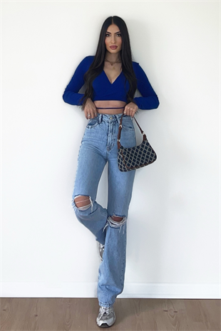 DİZİ YIRTIK WİDE LEG BUZ MAVİ JEANS