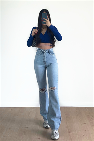DİZİ YIRTIK WİDE LEG BUZ MAVİ JEANS