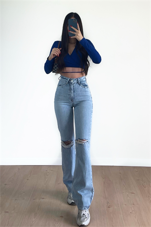 DİZİ YIRTIK WİDE LEG BUZ MAVİ JEANS